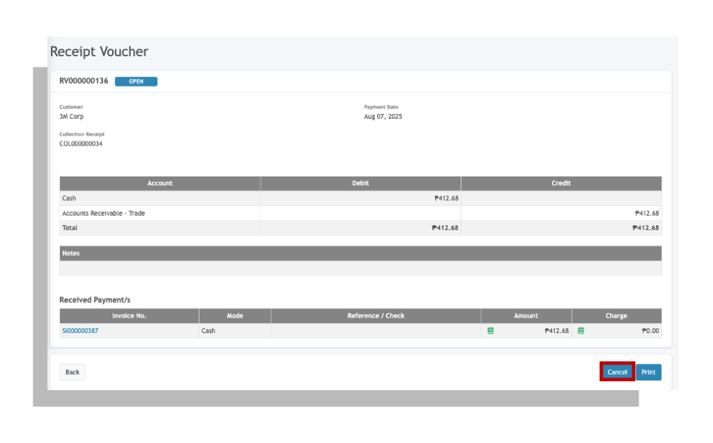 Receipt Voucher-Cancelling Transactions