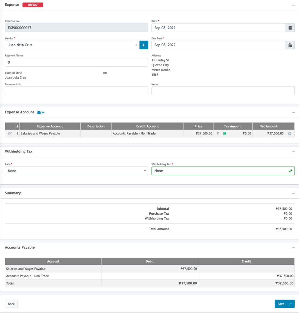 Sample Expense entry for employee payroll expense