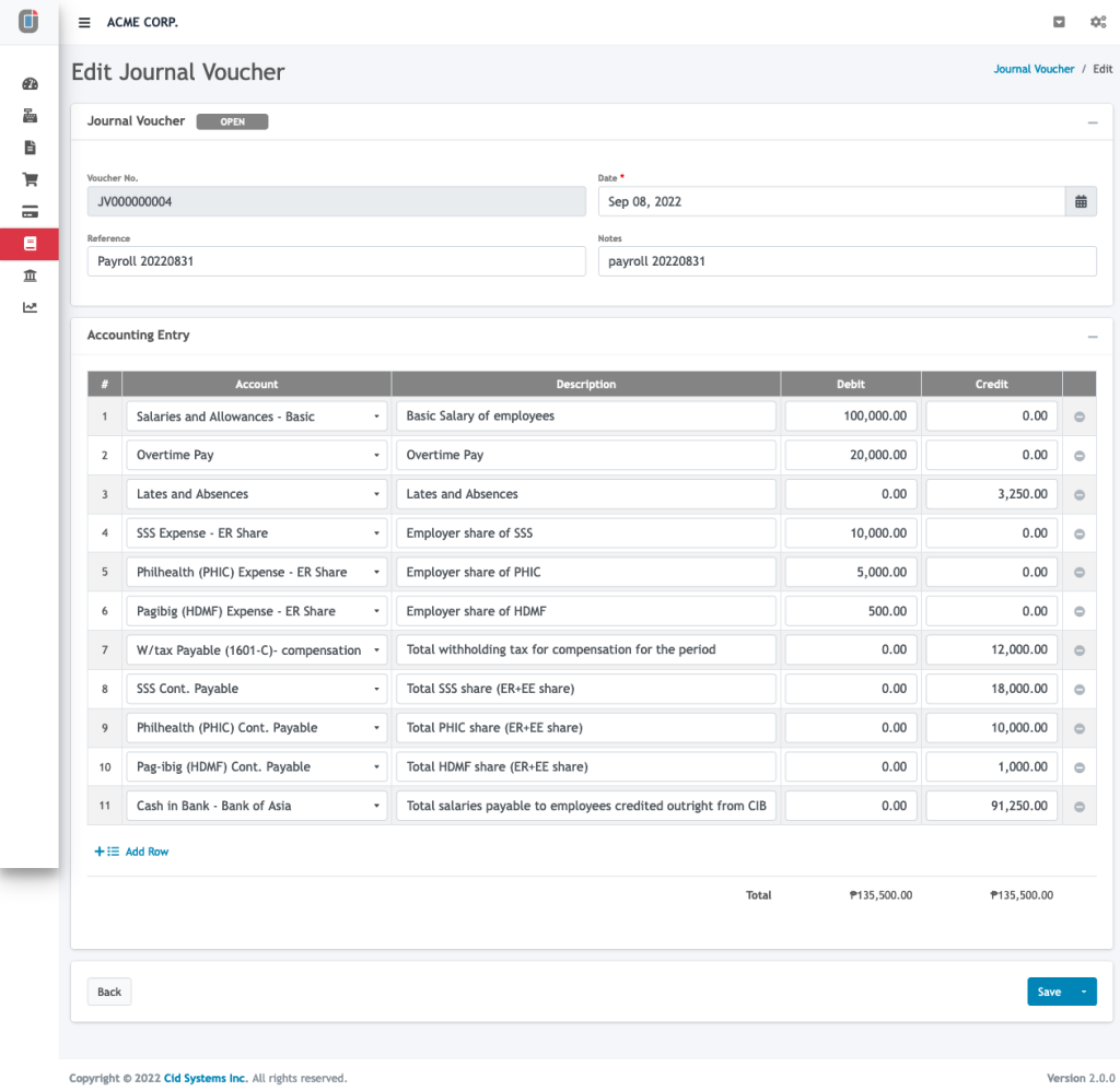 Payroll - Direct Entry sample screen