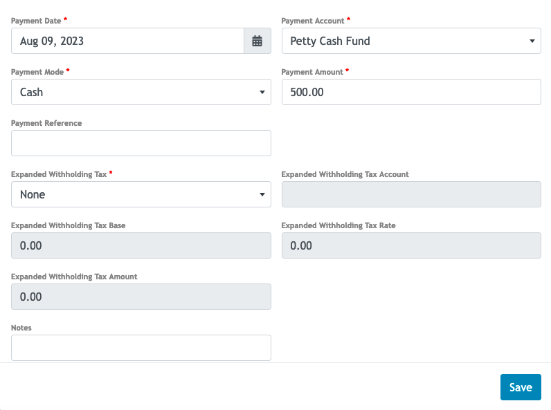 issue payment agains petty cash fund